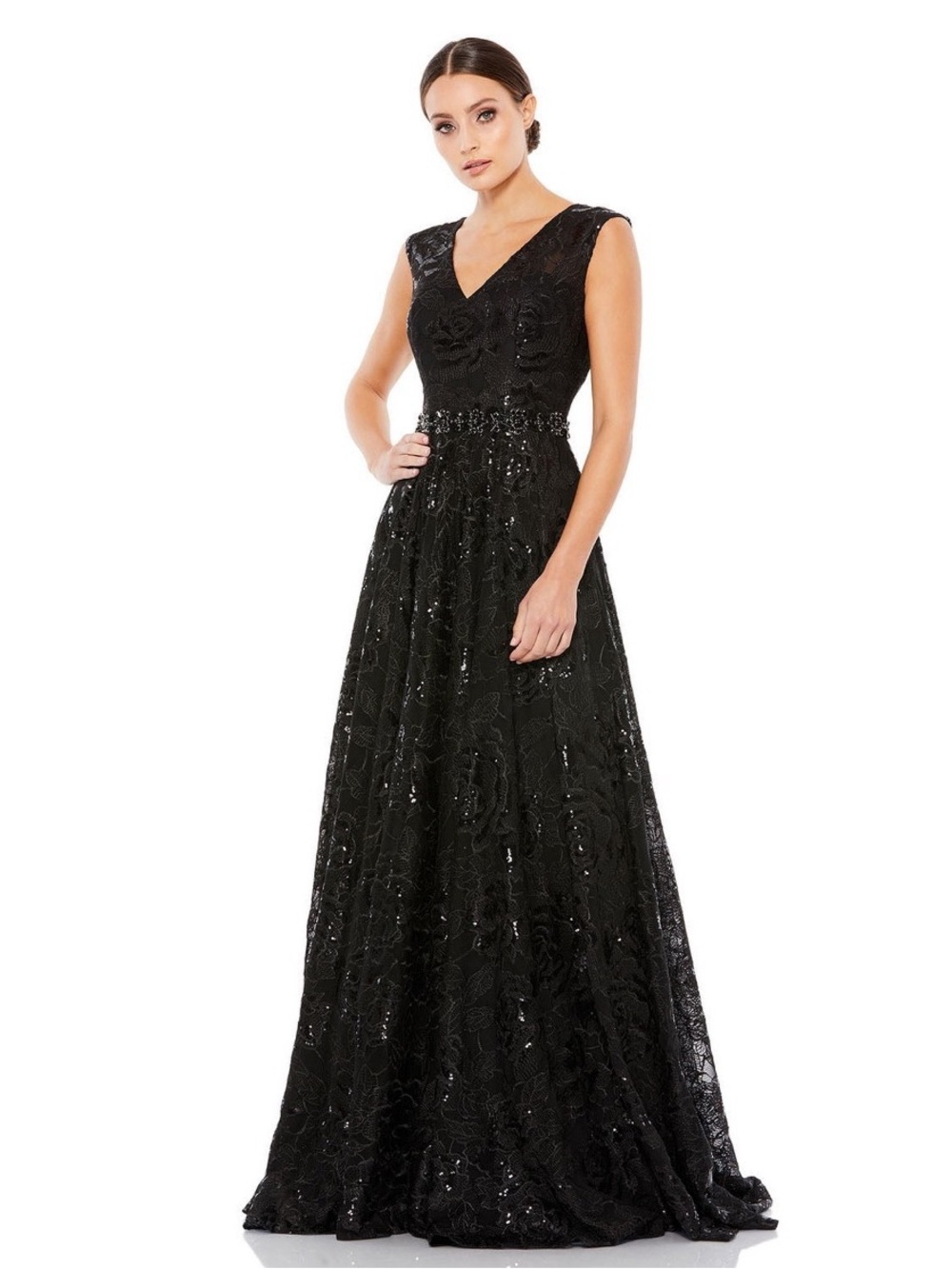 Mac Duggal 12413 Black Embroidered Cap Sleeve A Line Gown Size 12 NWT